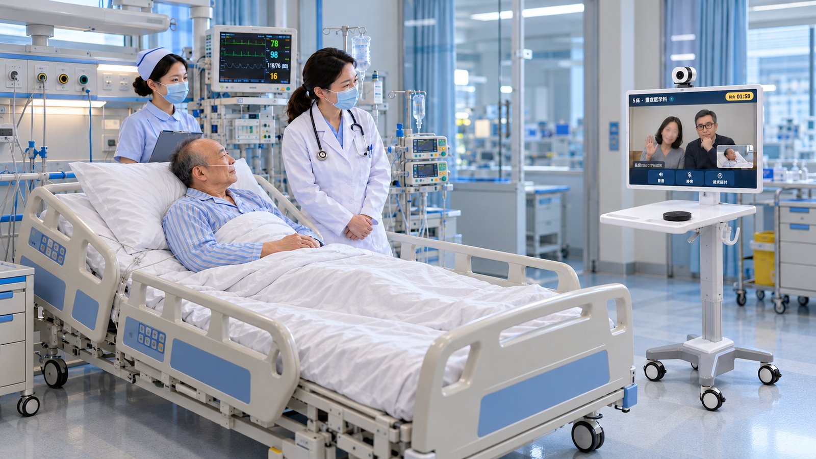 ICU 病房里，医护人员推来移动探视推车，患者与家属视频通话