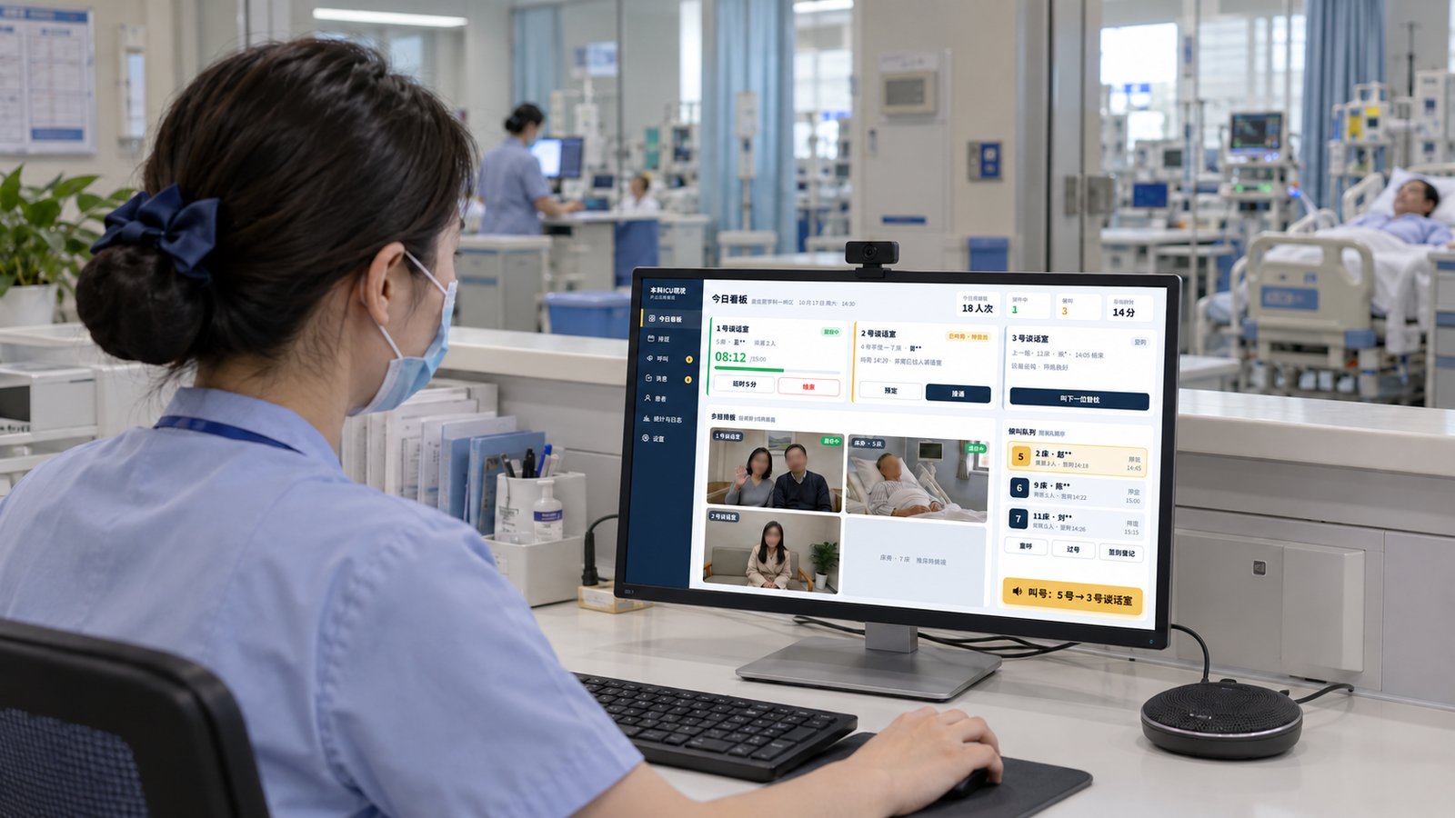 ICU 护士站探视管理场景示意